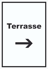 thumbnail of Terrasse Schild mit Text und Richtungspfeil rechts hochkant A6 Rückseite selbstklebend