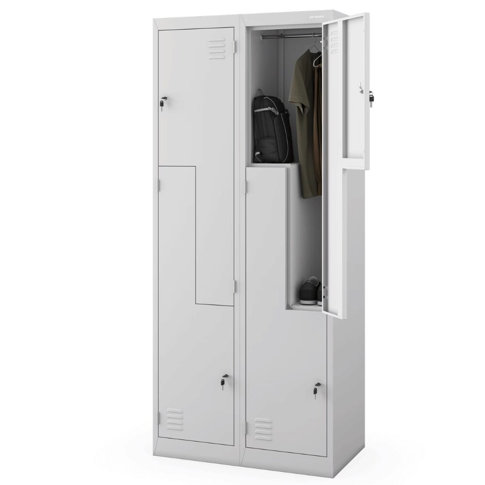Umkleideschrank Spind OSLO - 4 Abteile mit Lüftungsschlitze | Umkleidespind Metall Schließfachschrank Garderobenspind, 185x80x45cm Stahl