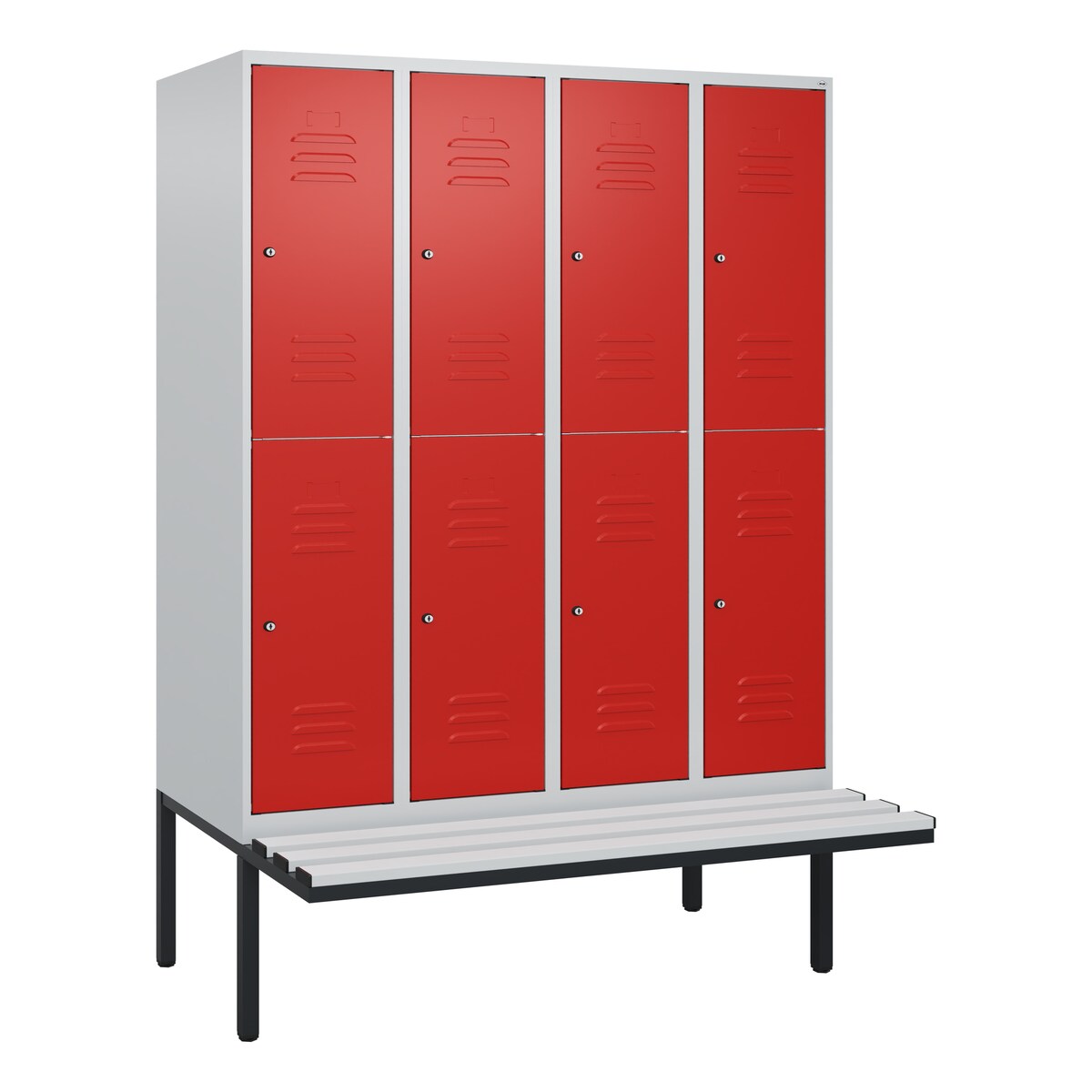 C+P Spind Classic PLUS, Kunststoff schwebende Sitzbank, 8 Abteile, HxBxT 212x120x82cm, Zylinderschloss, Hellgrau/Rot von PROREGAL