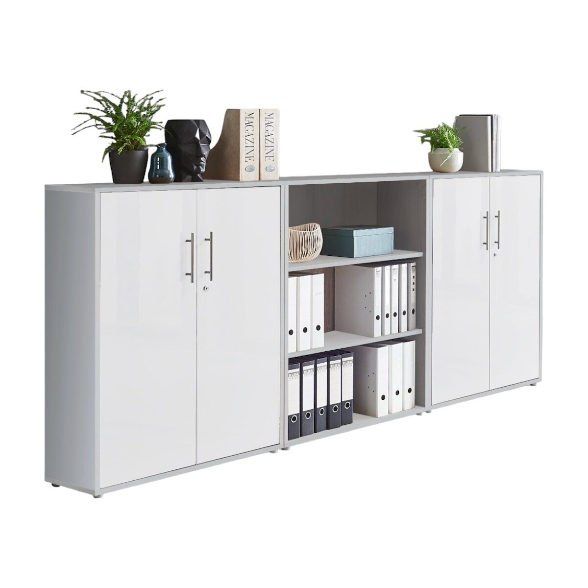 moebel-dich-auf Aktenschrank TABOR 9 in lichtgrau / weiß matt, Schrankwand, Büroschrank, abschließbar, Metallgriffe
