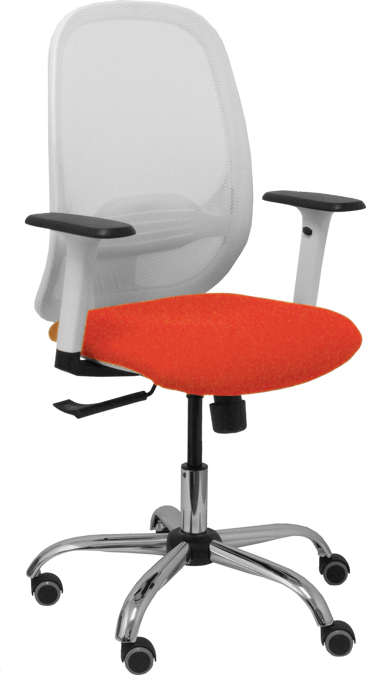 Silla Cilanco blanca malla blanca asiento bali naranja oscuro brazo regulable base cromada ruedas de parqué