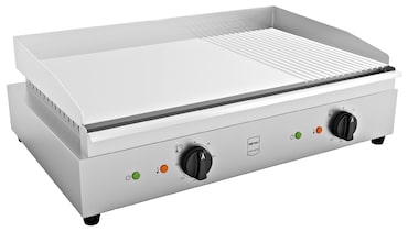 METRO PROFESSIONAL Plancha eléctrica GEG2112, acero inoxidable, 72 x 49.8 x 24 cm, colector de aceite, superficie cromada, lisa/rugosa, 3500 W, plata