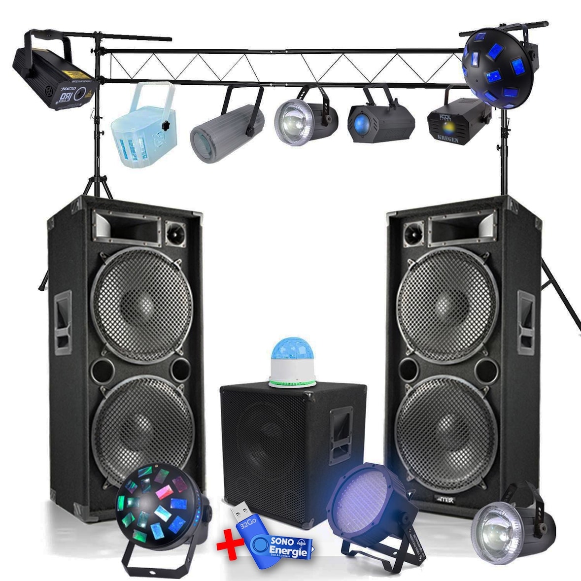 Pack de 11 jeux de lumière + portique et pack sono