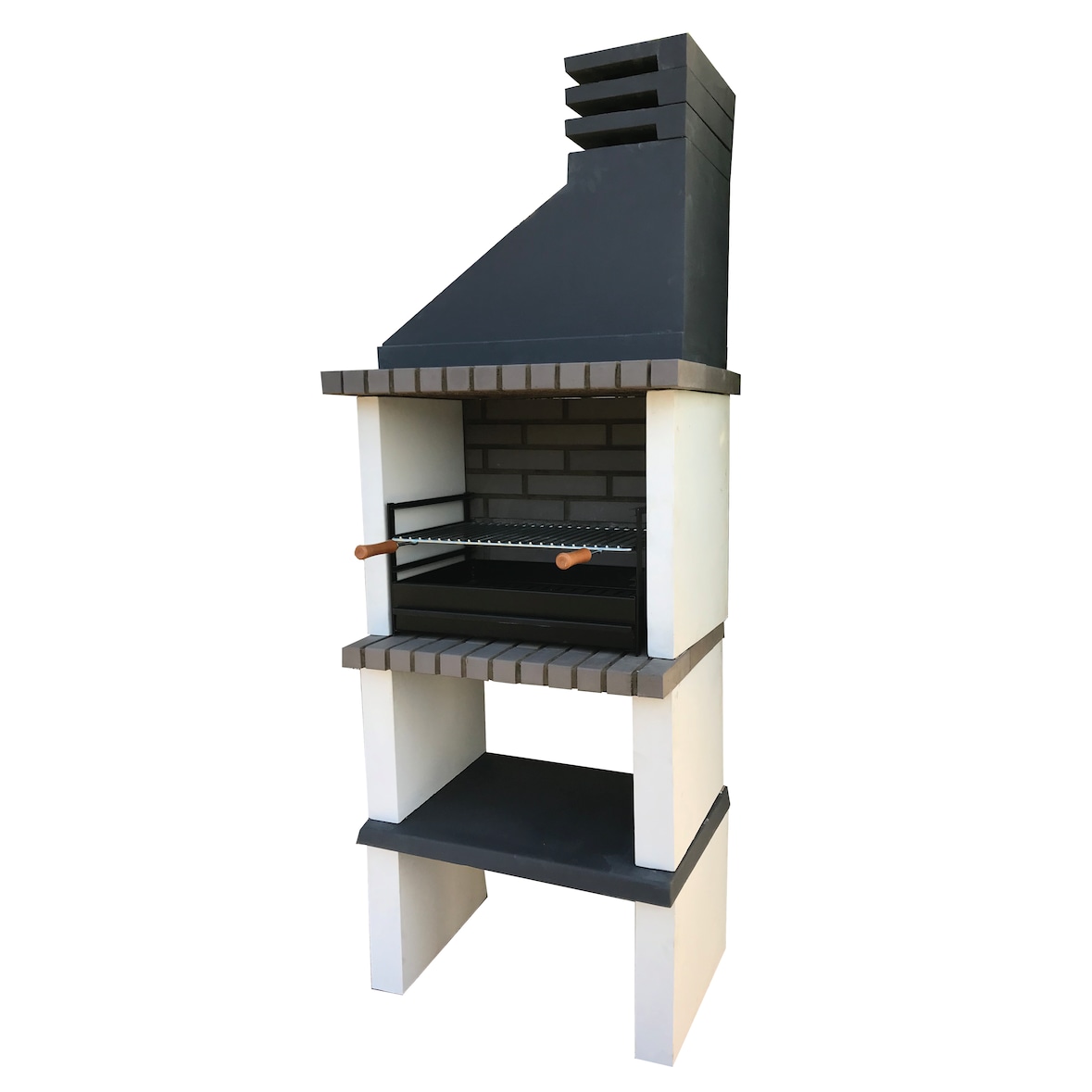 BBQ PARTNER - Barbacoa simple construido con ladrillo gris y cemento, cemento pintado de blanco y negro  - 74x57x209cm