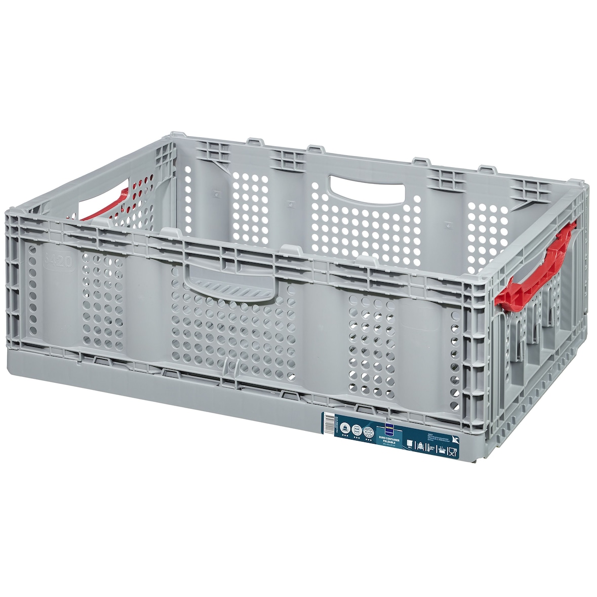 METRO Professional Eurobox, PP, 60 x 40 x 22 cm, 40 L, geperforeerd, scharnierend, met handvat, max. productbelasting 20 kg, grijs