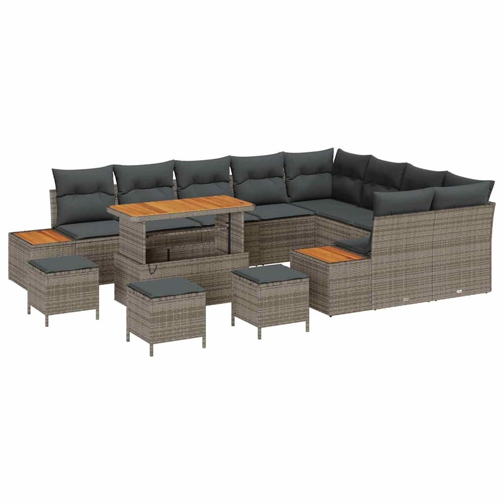 vidaXL Garten-Sofa-Set mit Kissen mit Speicher 13 pcs Grau Poly Rattan
