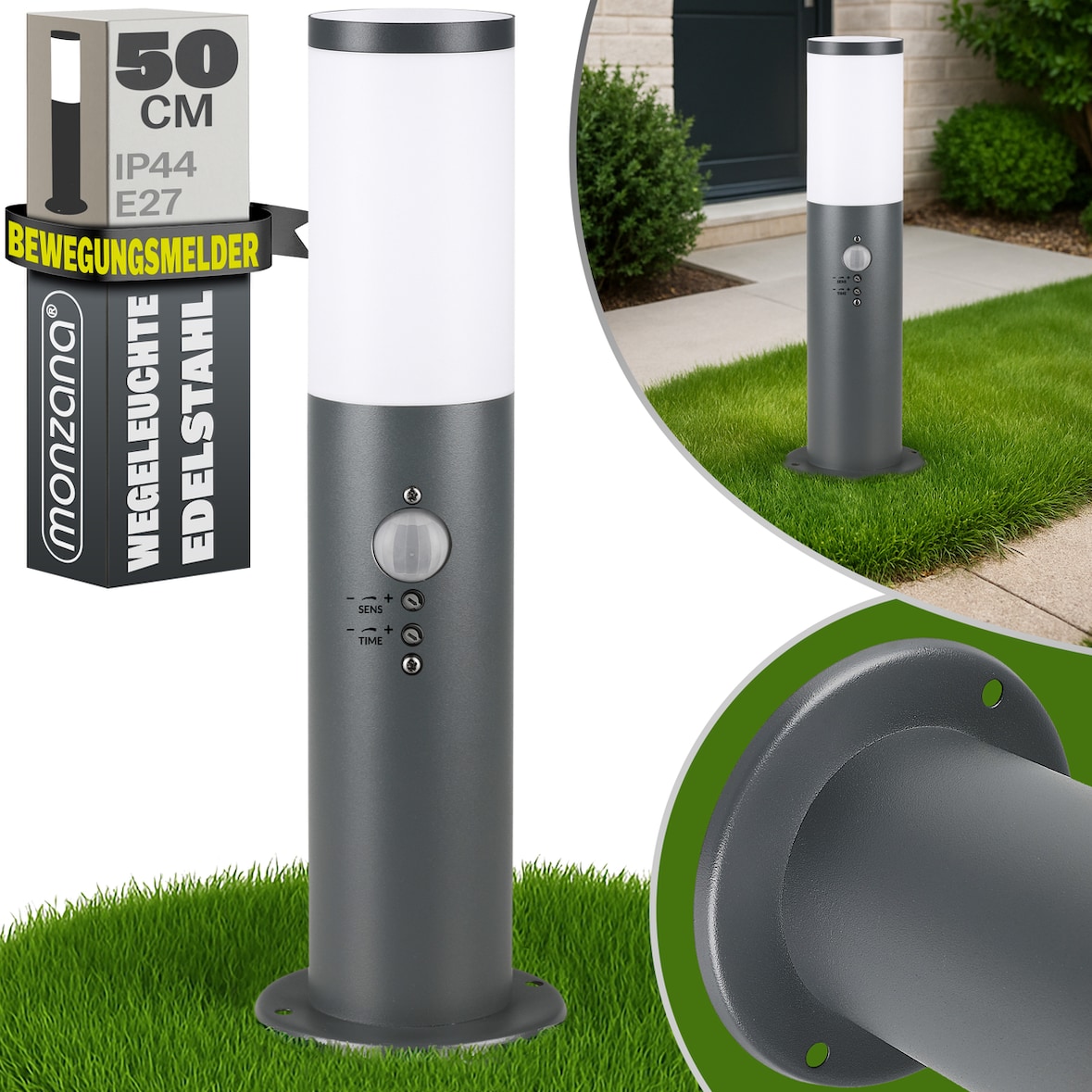MONZANA® Außenleuchte mit Bewegungsmelder IP44 Wetterfest Edelstahl E27 Anthrazit 50cm Außen Wegeleuchte Standleuchte