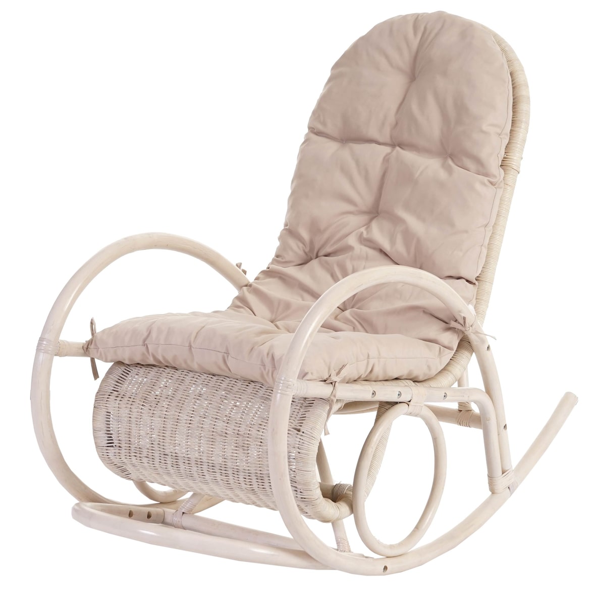 Sedia a dondolo Esmeraldas, poltrona in rattan, bianco ~ cuscino crema