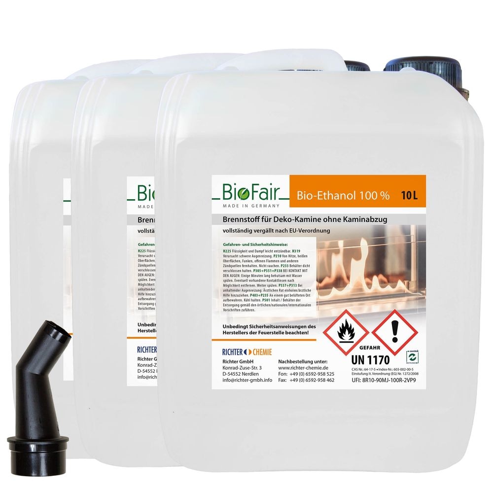 Bioethanol 100% im 10-Liter-Kanister für Ethanol-Kamine-3 x 10 Liter