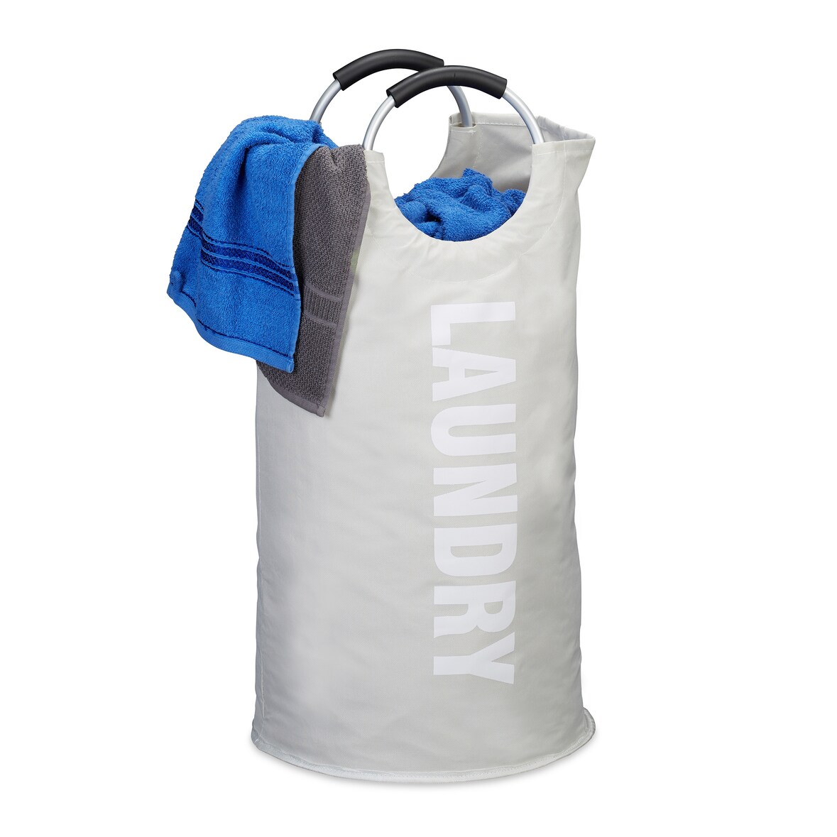 Relaxdays faltbarer Wäschekorb, mit Henkel, leicht, tragbar, 60 l Volumen, runder Wäschesammler, HxØ: 70 x 38 cm, weiß