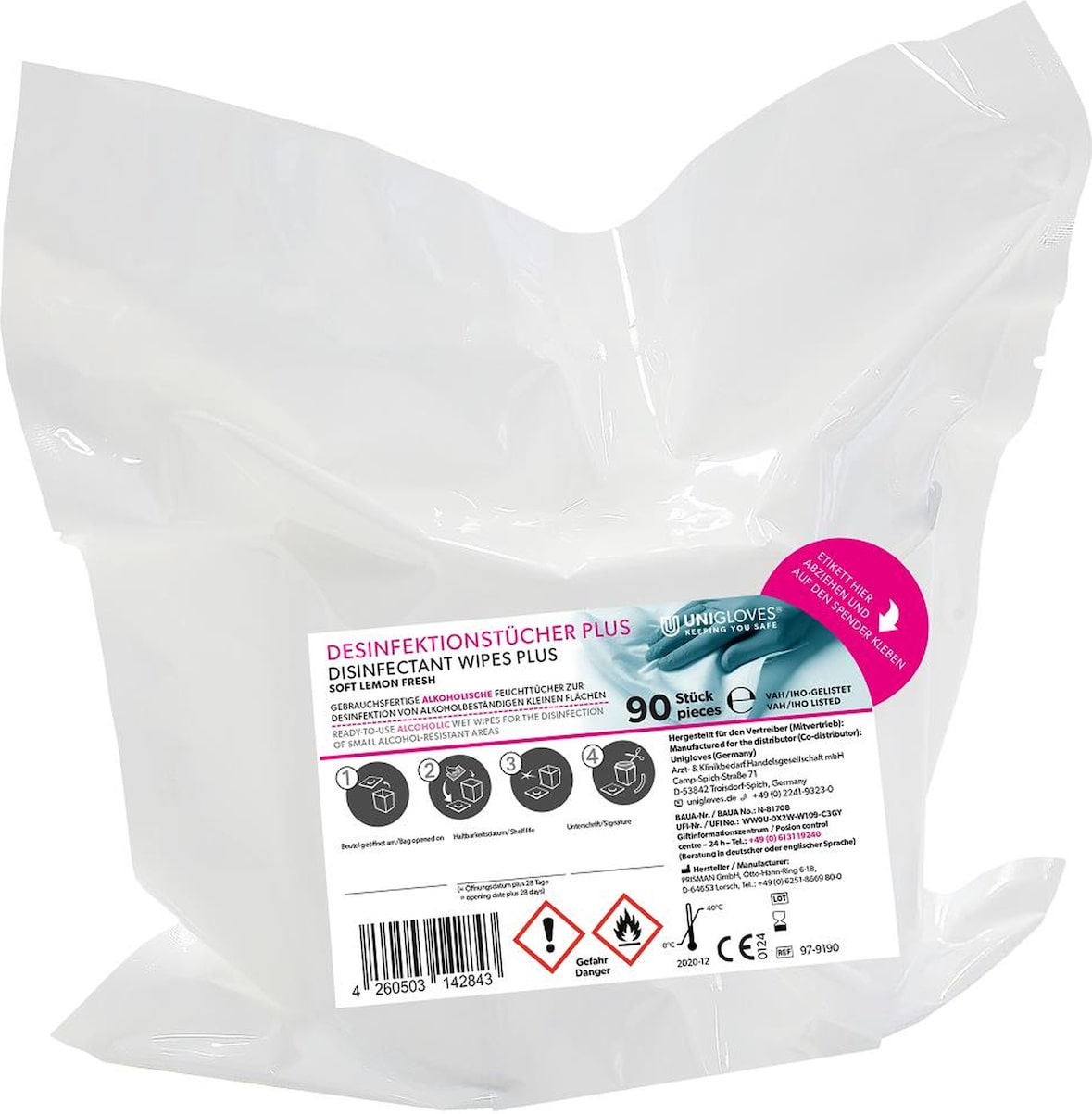 UNIGLOVES Desinfektionstücher Plus-Soft - lemon fresh - 2 x 90 Stück