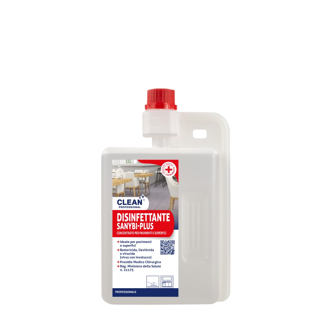 Clean Professional. Detergente superconcentrato per pavimenti in disinfettante. Grazie al suo sistema di dosaggio evita gli sprechi. 1lt. Neutro.