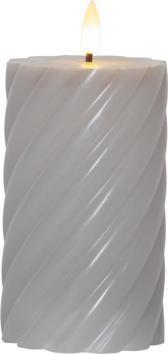LED Stumpenkerze Swirl Echtwachs gedreht 3D Flamme H: 15cm Timer grau