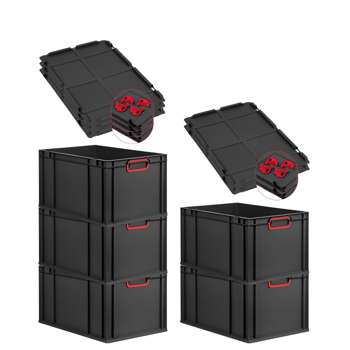 PROREGAL SparSet 5x Eurobox NextGen Color mit Auflagedeckel & Verschlüsse, HxBxT 32x40x60cm, 65L, Schwarz, Griffe rot zu, Eurobehälter