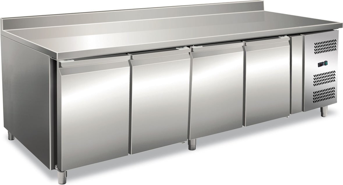 EKOFROST Edelst.-Kühltisch 4 Türen & Spritzschutz. Klasse C. Abtau auto. T° +2°C/+8°C. Dim. LxWxH 223x70x95 cm. Model GN4200TN
