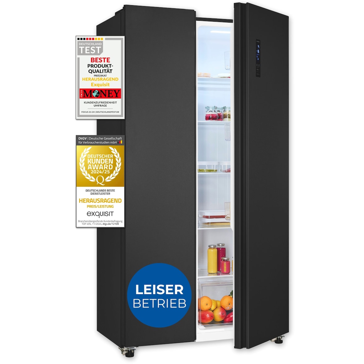 Exquisit Side-by-Side-Kühlschrank, Kühl-Gefrierkombination, NoFrost, 442 Liter, Schnellgefrieren, Alarm, 4-Sterne-Gefrieren, SBS546-040E inoxlook-az