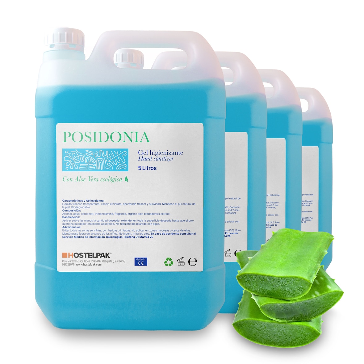 Gel higienizante de manos - Colección Posidonia - 4 x 5L - Amenities hotel, Cuidado personal, pH neutro, Aloe Vera Ecológica