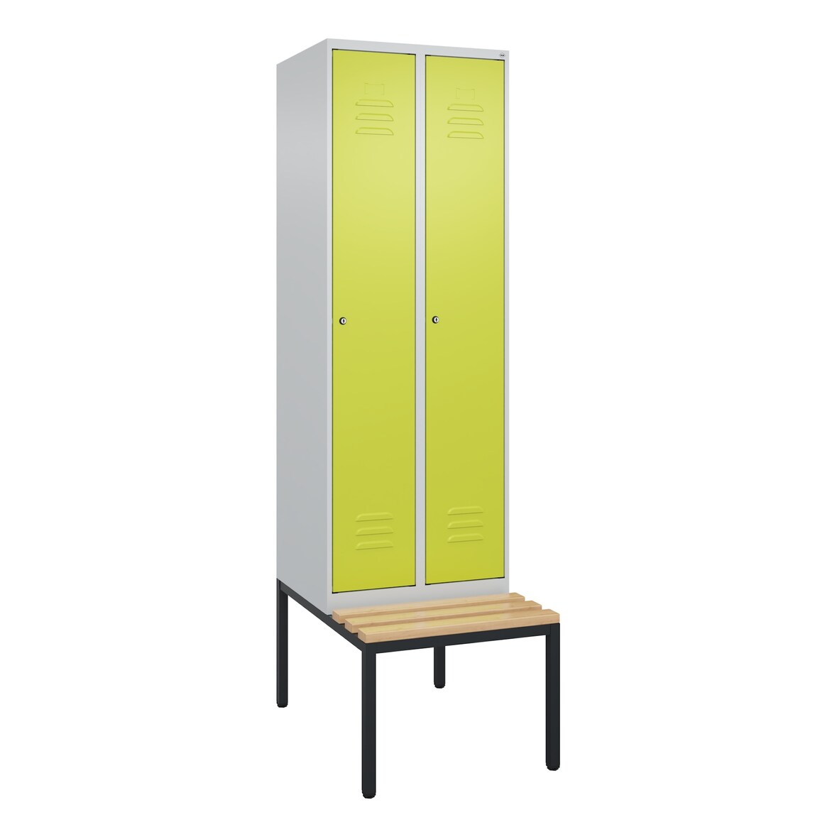 C+P Spind Classic PLUS, Buche untergebaute Sitzbank 2 Abteile, HxBxT 212x60x82cm, Zylinderschloss, Hellgrau/Clowngrün von PROREGAL