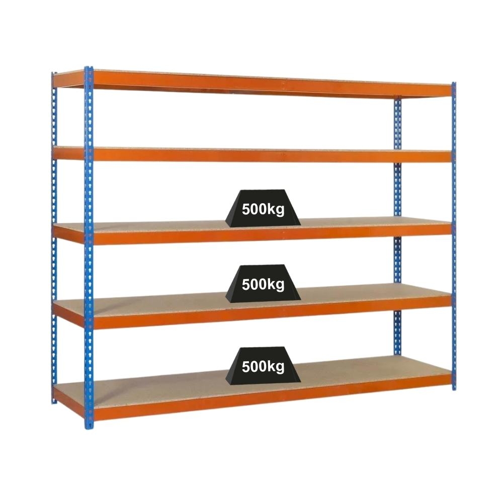 PROREGAL Schwerlastregal WOOD BEAST FIVE | HxBxT 200x210x60cm | 5 Ebenen | Fachlast 500kg | Blau-Orange | Werkstattregal Lagerregal Gargenregal