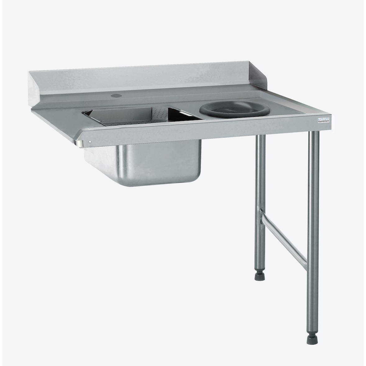 Tournus Standaard-aanvoertafel 1100 mm lang met wastafel 400 x 400 mm en uitwerpschacht, incl. afklopring. Links inhangbaar