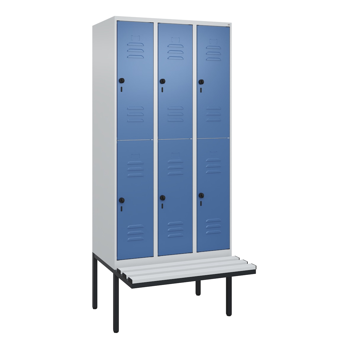 C+P Spind Classic PLUS, Kunststoff schwebende Sitzbank, 6 Abteile, HxBxT 212x90x82cm, Sicherheitsdrehriegel, Hellgrau/Fernblau von PROREGAL