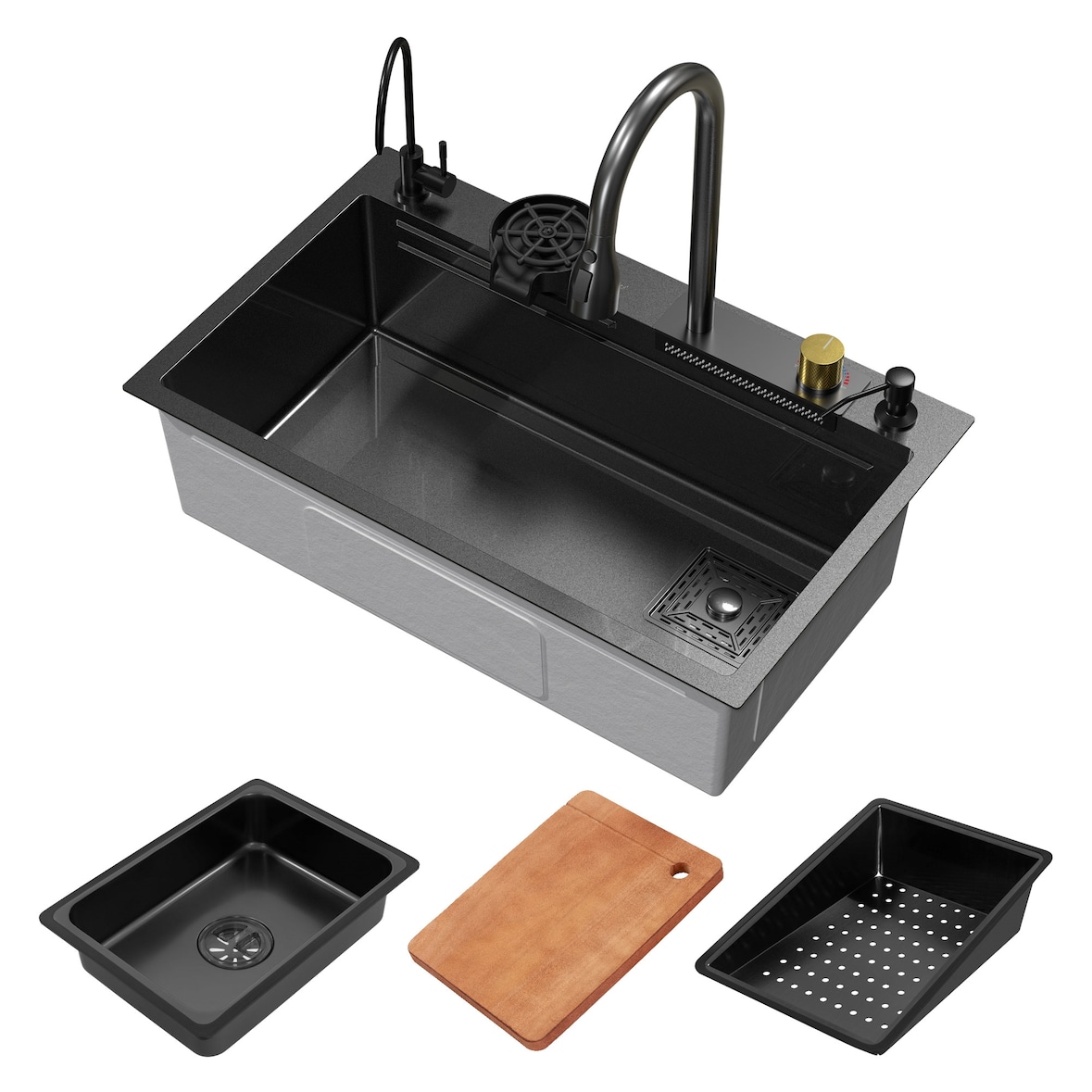 ML-Design Spülbecken Edelstahl 75 × 46 cm Anthrazit – Rechteckige Einbauspüle mit Wasserfall-Design, ausziehbarem Wasserhahn & Zubehör