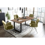 thumbnail of SalesFever Esstischgruppe 5-tlg.|160x90cm|Platte Akazie 26mm nussbaum|Metallgestell schwarz|4 Armlehnstühle 180° drehbar Strukturstoff |grün