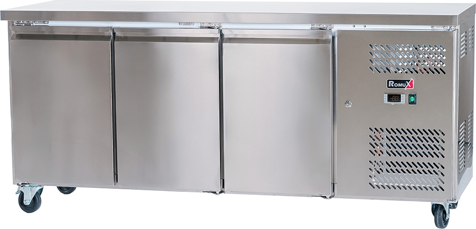 Romux® Tiefkühltisch mit 3 Türen 180x60 cm mit Luftkühlung | Theken Gefriertische aus Edelstahl mit Kapazität 339 L und Leistung 750 W