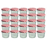 thumbnail of 25er Set Sturzglas 230 ml Marmeladenglas Einmachglas Einweckglas To 82 rot karierter Deckel incl. Diamant-Zucker Gelierzauber Rezeptheft