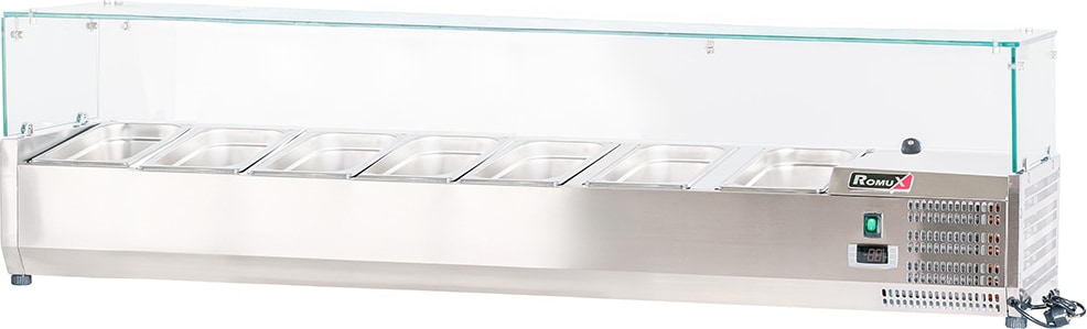Romux® Kühlvitrinen für Tapas 160x39x44 cm aus Edelstahl und Glashaube mit 7 Becken GN 1/3 | Gekühlte Vitrine mit digitalem Dixell-Thermostat