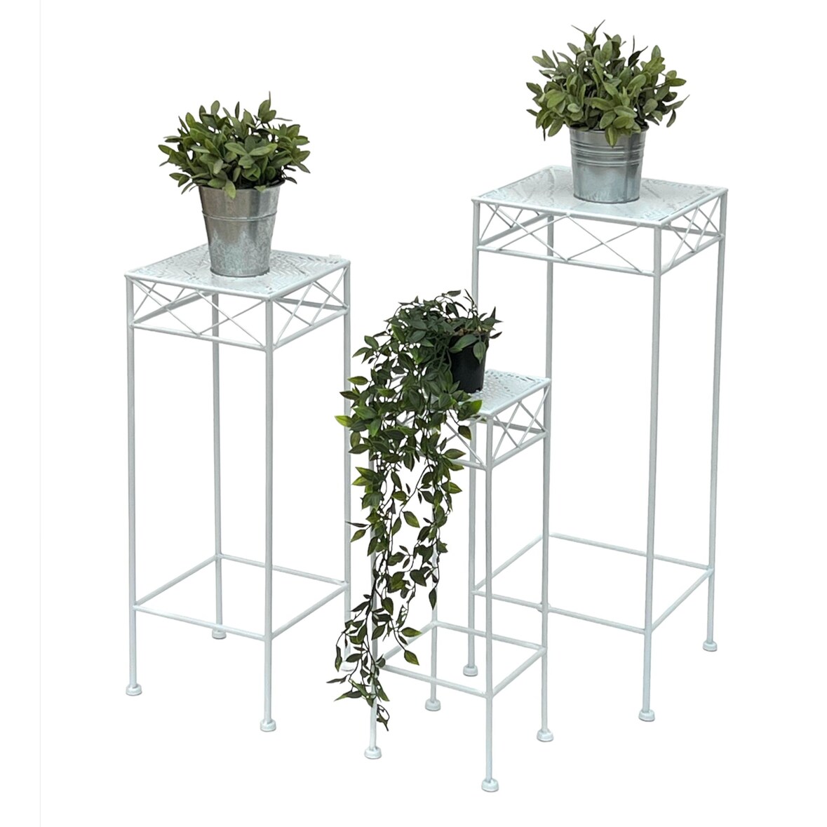 DanDiBo Blumenhocker Weiß Metall Eckig Blumenständer 96314 3er Set Beistelltisch Blumensäule Modern Pflanzenständer Pflanzenhocker