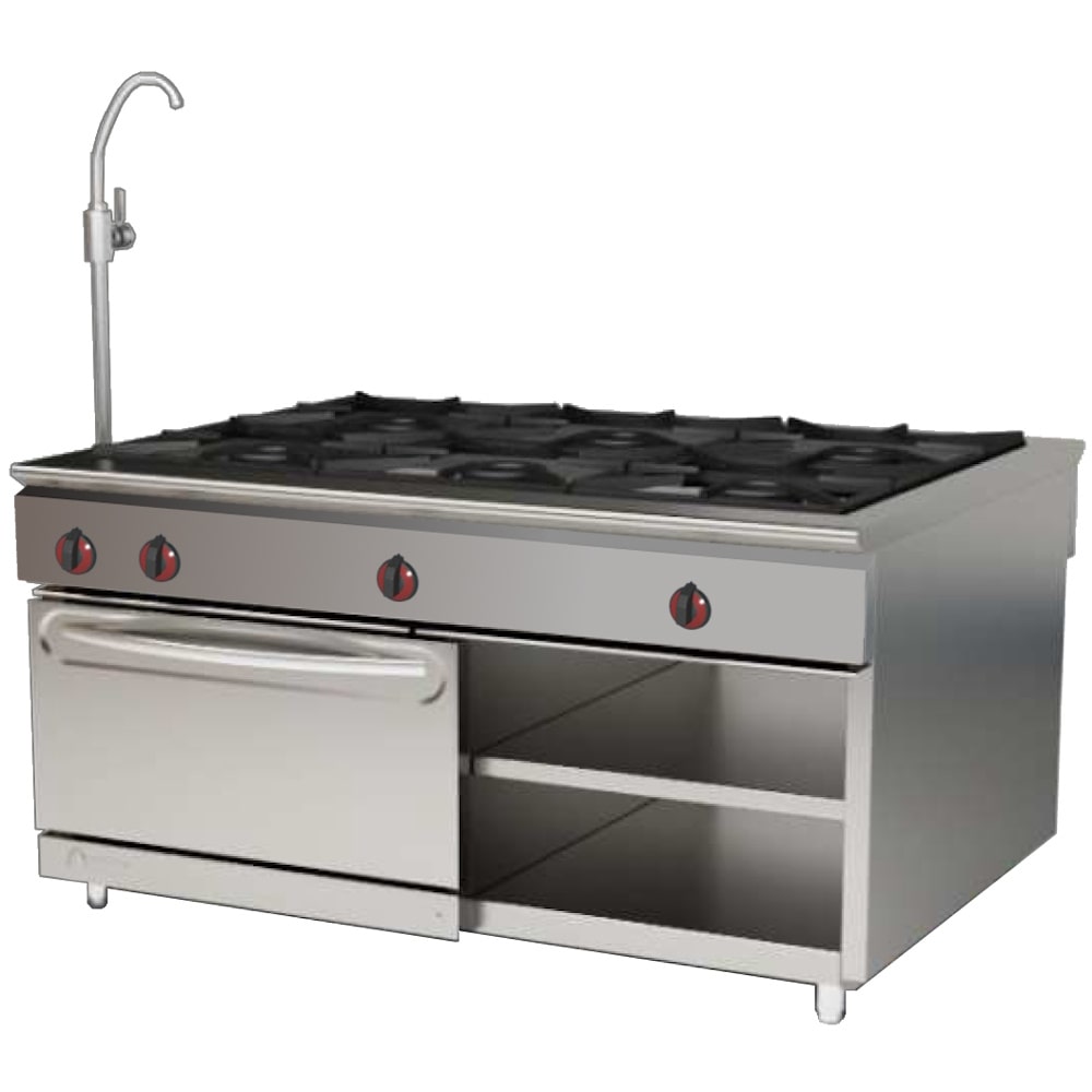 EURAST - Cocina central 6 fuegos 1 horno pasante y 2 estantes, a gas - 1470x1050x900 mm - 39,5 Kw - 40121410