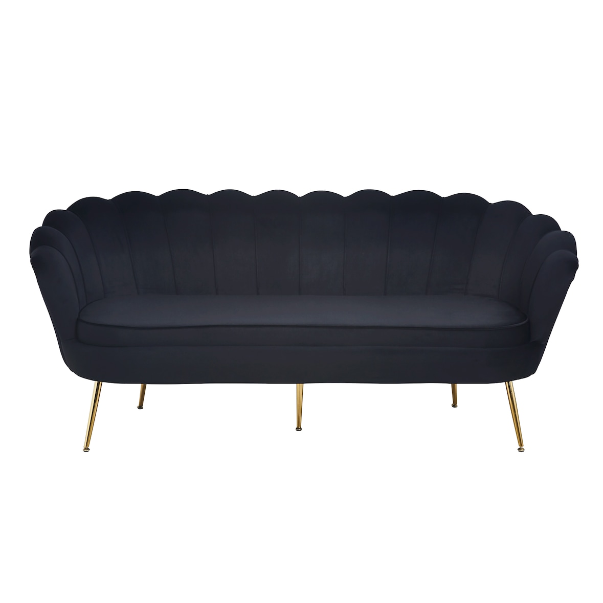 SalesFever Muschel-Sofa | 3-Sitzer | Bezug Samt-Stoff schwarz | Gestell Metall goldfarben | B 180 x T 76 x H 78 cm