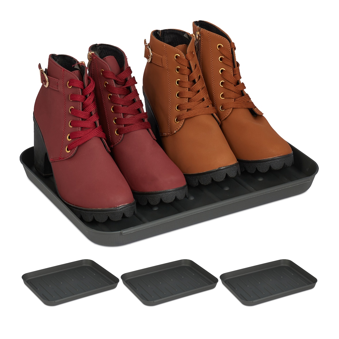 Relaxdays Schuhabtropfschale, 4er Set, Unterlage für nasse Schuhe, HBT: 3 x 27 x 35 cm, Schuhablage Kunststoff, schwarz
