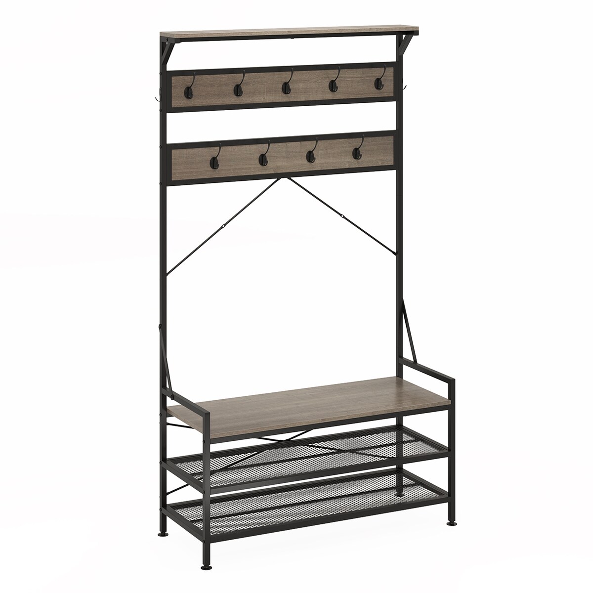 COSTWAY 184 cm Garderobe mit Schuhregal, mit Bank, inklusive 11 Haken, Metallrahmen