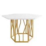 thumbnail of Esstisch sechseckig Weiß+Gold 116x100x75  MDF mit Marmormuster und Stahlgestell in Astform, modern für Esszimmer Wohnzimmer, pflegeleicht