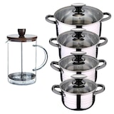 thumbnail of BERGNER - Batería de cocina DINA 8 pcs 16/18/20/24cm en acero inoxidable apta para inducción con Cafetera de Émbolo de Borosilicato 15,8×10×18,8cm