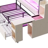 thumbnail of Einzelbett 90x200 mit Schreibtisch und Stauraum, beweglicher Tisch, integrierte Steckdosen, Metall & Holz, ideal für Homeoffice oder Gästezimmer–Weiß