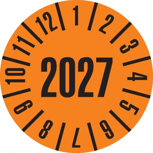 Dreifke® Prüfplakette 2027, orange, Dokumentenfolie, selbstklebend, Ø 20mm, 36 St/Bogen