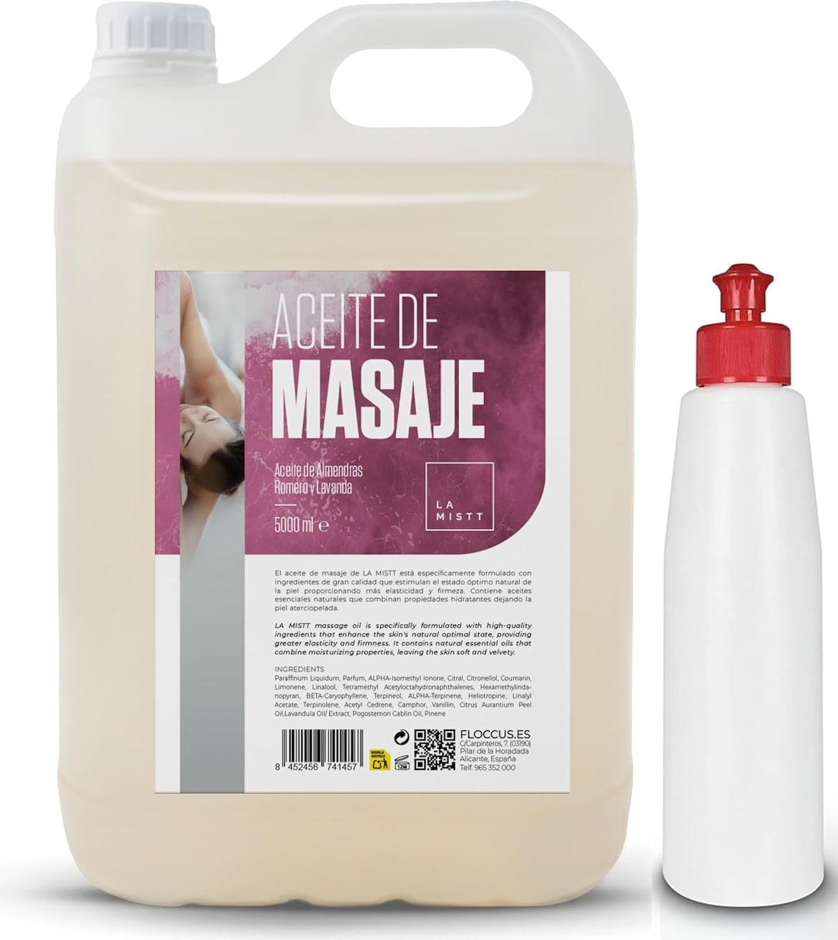 Süßmandel-, Rosmarin-, Lavendel- und Fenchel-Massageöl mit nachfüllbarer Flasche 500 mL | Körperöl | 5L