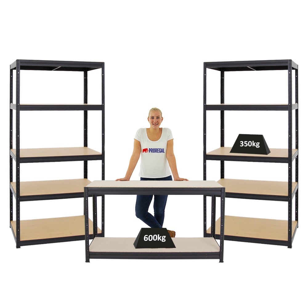 PROREGAL Mega Deal | 2x Schwerlastregal Slim Elephant M & 1x Höhenverstellbare Werkbank Big Dino| Fachlast bis zu 600kg | Schwarz | Stecksystem