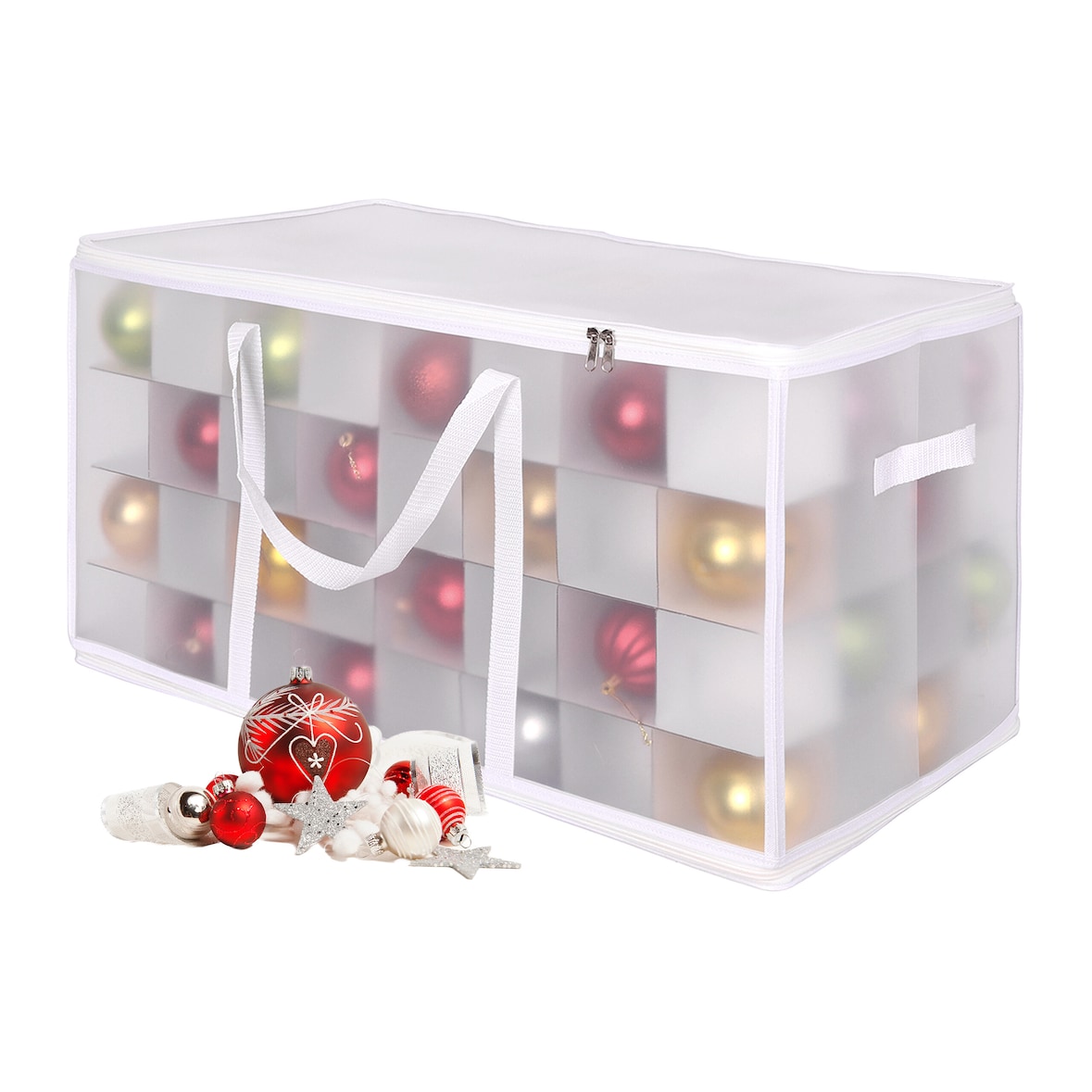 Relaxdays Weihnachtskugel Aufbewahrungsbox, 128 Kugeln, HBT: 37x73x36 cm, Kunststoff, Pappe, Kugelbox, transparent/weiß