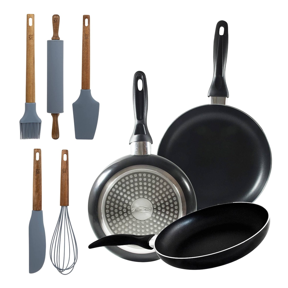 BERGNER - Set di 3 Padelle in Alluminio Pressato Ø16/Ø20/Ø24 cm Adatte per Induzione Navy Black con Set di 5 utensili da cucina in silicone e legno