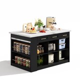 thumbnail of Kücheninsel 150x90x90 cm mit ausziehbarem Esstisch, viel Stauraum und 3,5 cm Marmor-Arbeitsplatte, Schwarz/Weiß, MDF, modernes europäisches Design