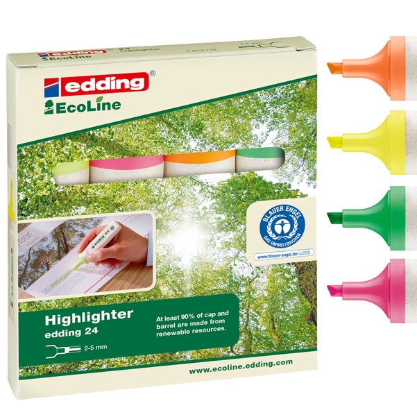 EDDING Pochette de 4 surligneur Ecoline 24. Biseautée. Trait:2 à 5 mm. Jaune, Orange, Vert.