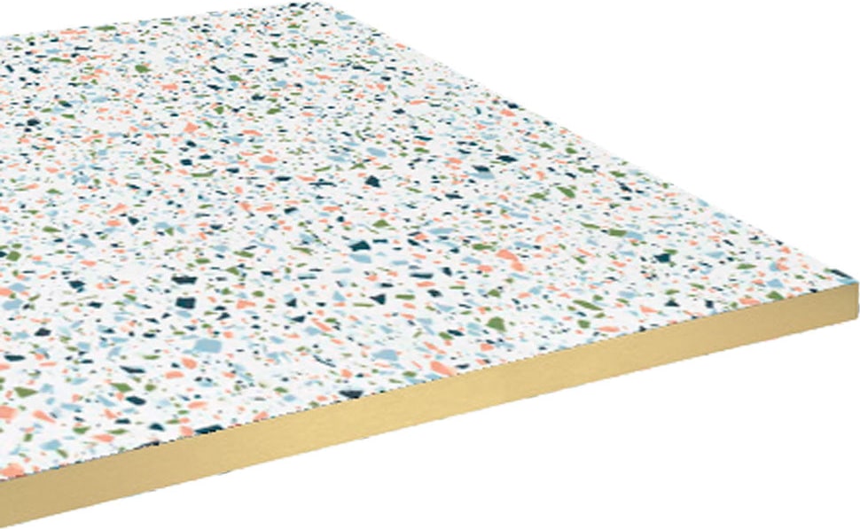 Restootab - Tischplatte 120x70 Dekor Terrazzo spectra chip Kanten messingfarben