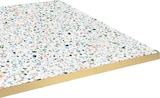 thumbnail of Restootab - Tischplatte 120x70 Dekor Terrazzo spectra chip Kanten messingfarben