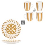 thumbnail of 12tlg Frühstücksset Wald ocker Steingut 6 Personen Teller Becher Zweige Streifen