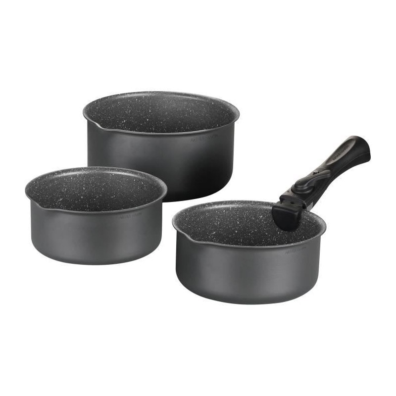 Batterie De Cuisine Arthur Martin Am777gm Set De 3 Casseroles - Gris Mat 16-18-20 Cm + 1 Poignée Amovible - Tous Feux Dont Indu