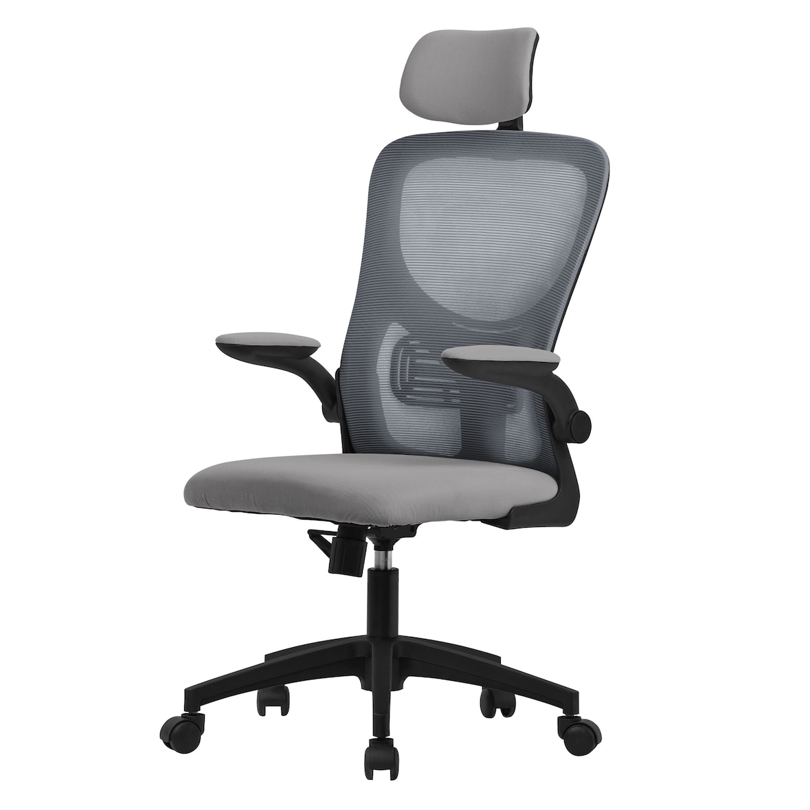 ML-Design Bürostuhl ergonomisch Grau, Mesh, Kopfstütze, Armlehnen, Lendenstütze, Wippfunktion, Drehstuhl mit Rollen, Computerstuhl Chefsessel